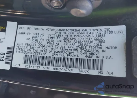 2006 Toyota Tacoma Base V6 z USA, uszkodzony, nr VIN 5TEMU52N76Z255412